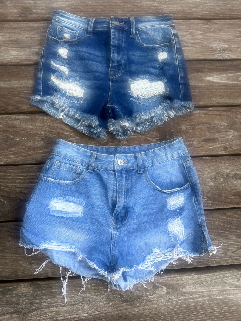 Women's Distressed High-Waist Denim Shorts in Dark Blue & Light Blue